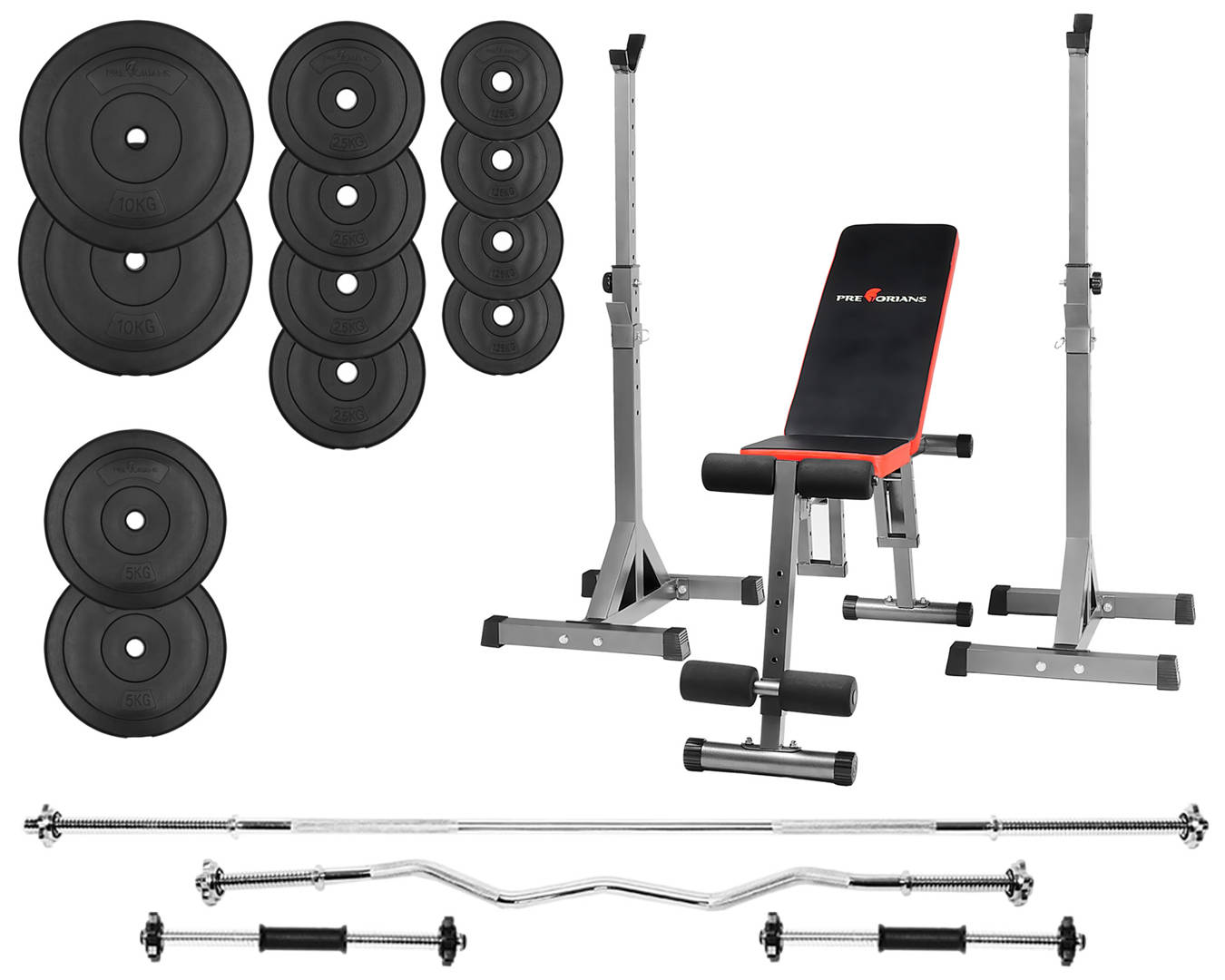 Zestaw do ćwiczeń 82kg z ławką treningową TB102 sztangą / gryfem prostym 180 cm, gryfem lekko łamanym 120cm, obciążeniem 45 kg i hantlami